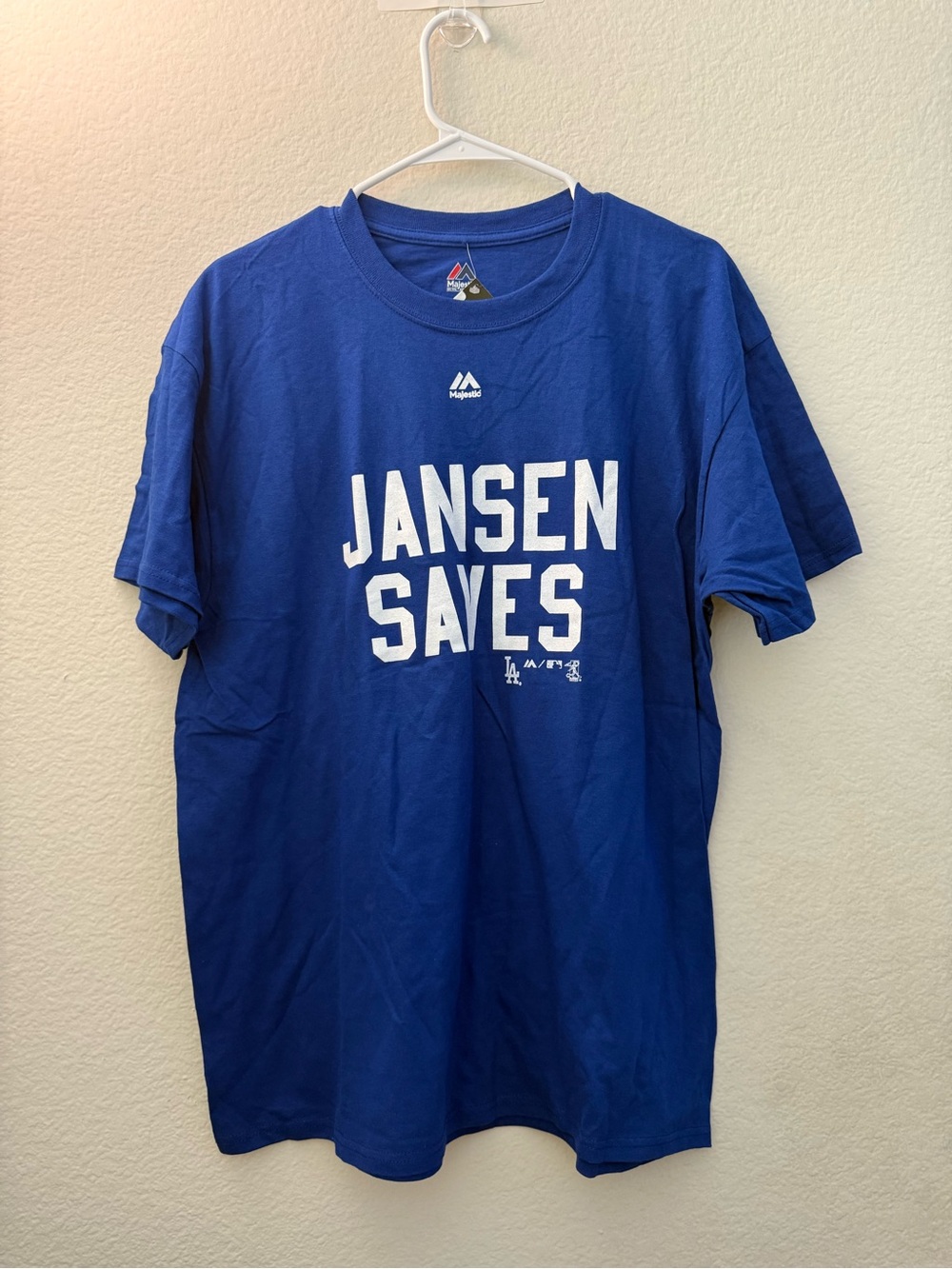 NWT Jansen Saves Los Angeles Dodgers Majestic MLB Blue T-Shirt Men's Large